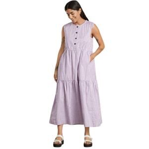 EVERLANE The Tiered Sleeveless Button Down Midi Dress Orchid Gingham-Size XXS
